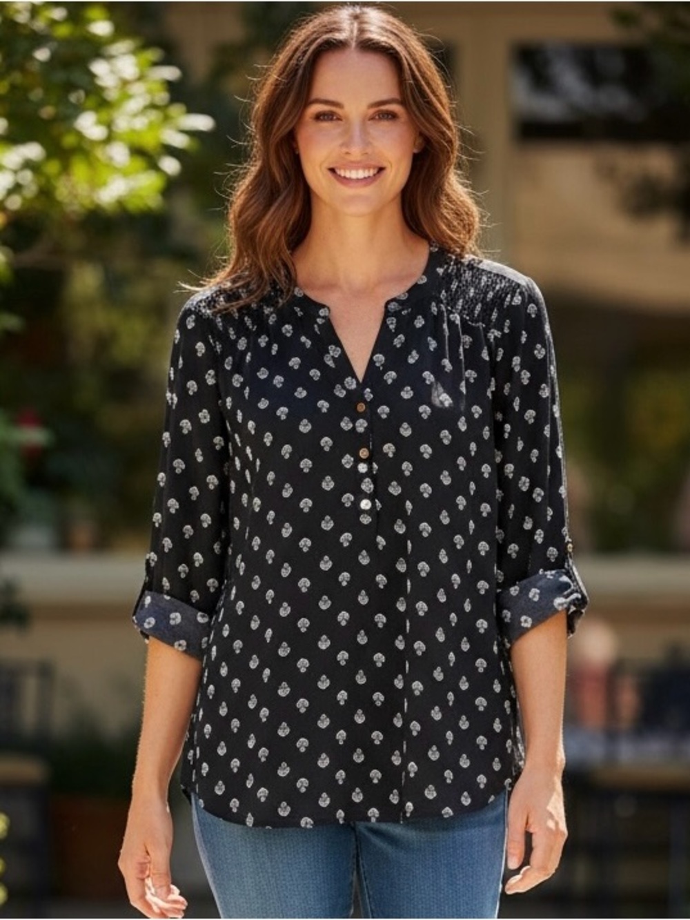Croft & Barrow Black Printed Button-Front Peasant Blouse